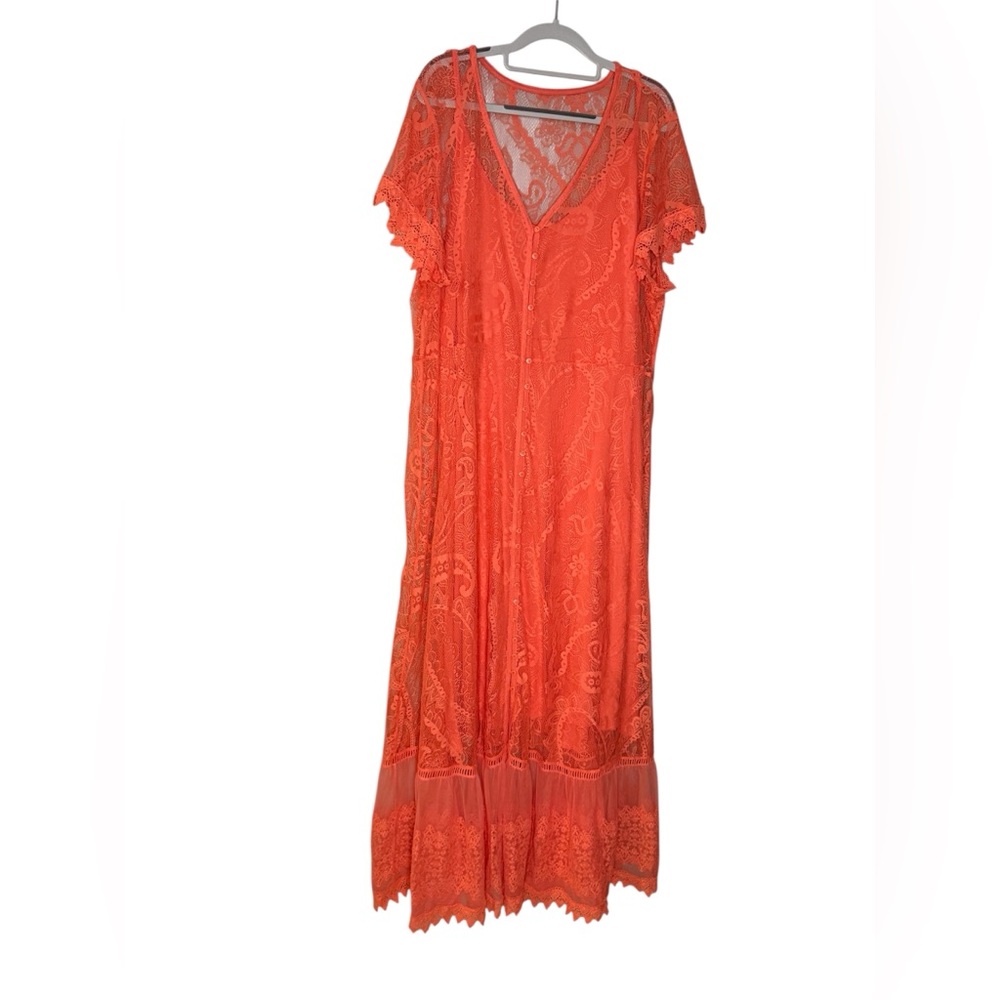 NWT Torrid Maxi Lace Button-Front‎ Dress in orange/pink - Picture 3 of 12